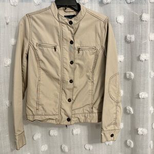 Boden cotton khaki moto style jacket size 10. Fully lined wi/zipper & snaps.